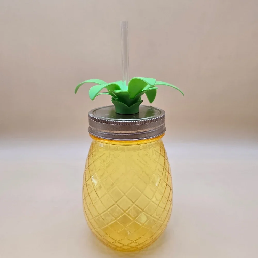 Pineapple Shaped Tumbler Yellow Plastic Mason‎ Jar Cup with Straw & Green Leaves